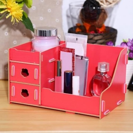MULTIFUNCTIONAL WOODEN COSMETIC DESKTOP STORAGE BOX MAKE-UP ORGANIZER (RED)