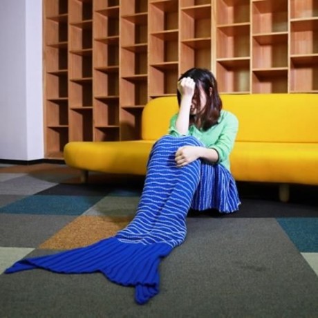 WEAVE KNITTED YARN MERMAID BLANKET NAP BED SOFA RUG SLEEPING BAG CHRISTMAS GIFT (BLUE AND
