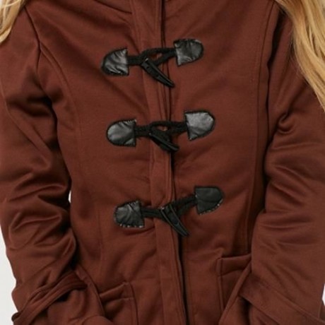 TRENDY HOODED LONG SLEEVE PURE COLOR BUTTON DESIGN POCKET DECORATION COAT FOR LADIES (DARK
