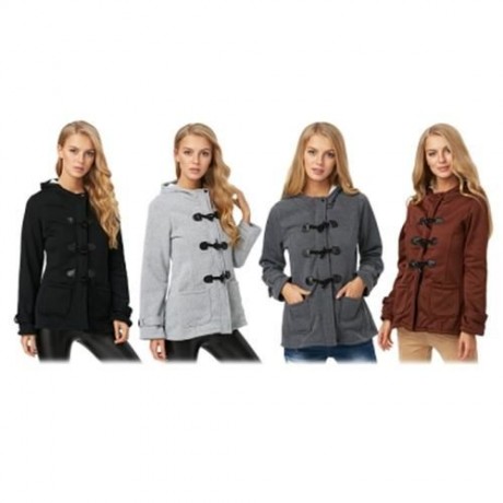 TRENDY HOODED LONG SLEEVE PURE COLOR BUTTON DESIGN POCKET DECORATION COAT FOR LADIES (DARK
