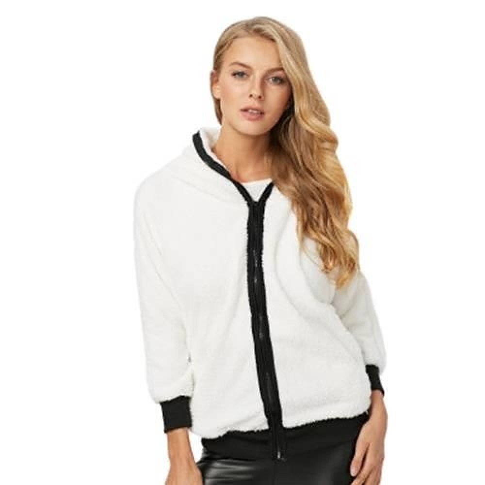 CASUAL HOODED LONG SLEEVE PANDA PATTERN DESIGN PLUSH COAT FOR LADIES (WHITE)
