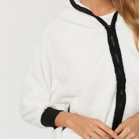 CASUAL HOODED LONG SLEEVE PANDA PATTERN DESIGN PLUSH COAT FOR LADIES (WHITE)