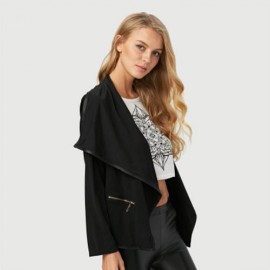 CHIC TURN-DOWN COLLAR ZIPPER POCKET DESIGN COAT FOR LADIES (BLACK)