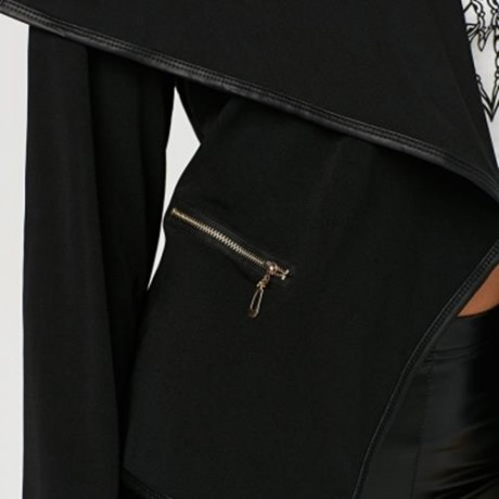 CHIC TURN-DOWN COLLAR ZIPPER POCKET DESIGN COAT FOR LADIES (BLACK)
