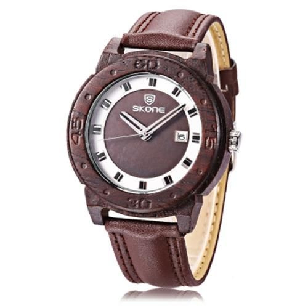 SKONE 9426B MALE WOODEN QUARTZ WATCH DATE DISPLAY LEATHER BAND CONCISE DIAL 3ATM WRISTWATC