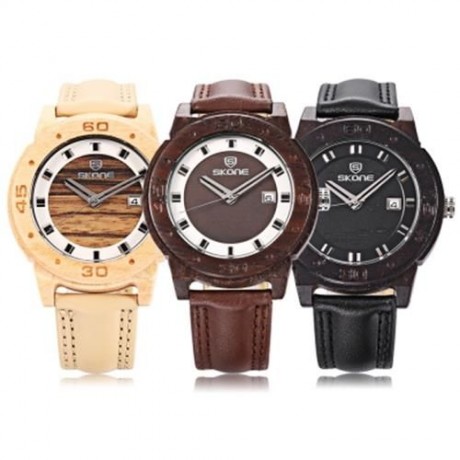 SKONE 9426B MALE WOODEN QUARTZ WATCH DATE DISPLAY LEATHER BAND CONCISE DIAL 3ATM WRISTWATC