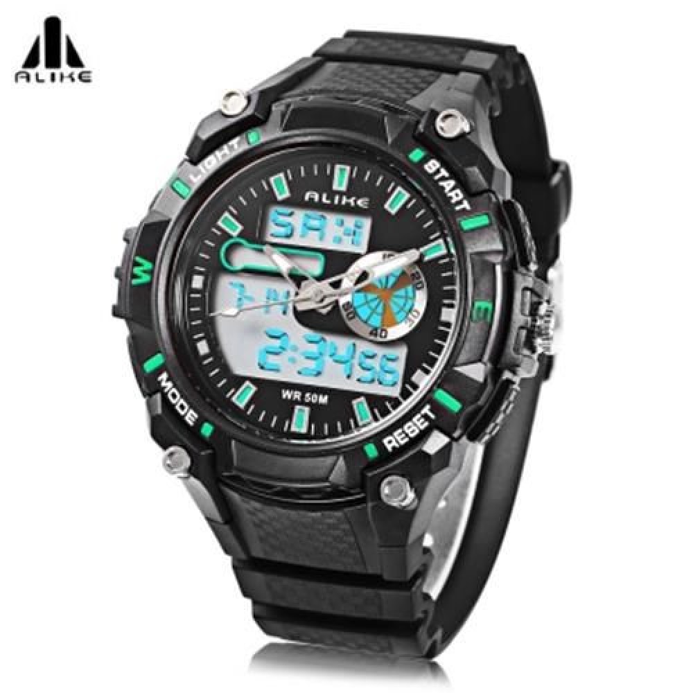 ALIKE AK14100 MALE DUAL MOVT SPORT WATCH CHRONOGRAPH 5ATM OUTDOOR MEN WRISTWATCH (GREEN) ALIKE AK14100 MALE DUAL MOVT SPORT WATCH CHRONOGRAPH 5ATM OUTDOOR MEN WRISTWATCH (GREEN)