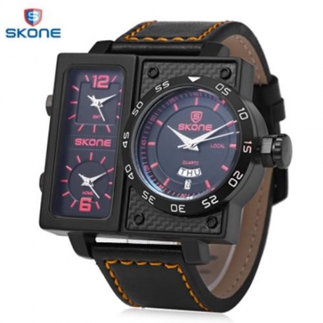 SKONE 9422EG MALE THREE QUARTZ MOVT WATCH LUMINOUS DATE DAY DISPLAY LEATHER BAND 3ATM WRIS