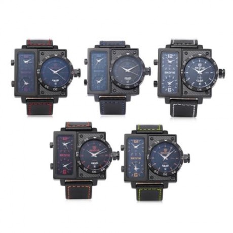 SKONE 9422EG MALE THREE QUARTZ MOVT WATCH LUMINOUS DATE DAY DISPLAY LEATHER BAND 3ATM WRIS