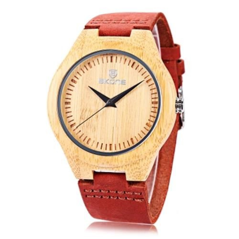 SKONE 9435G MALE WOODEN QUARTZ WATCH LEATHER BAND CONCISE DIAL 3ATM WRISTWATCH (RED)