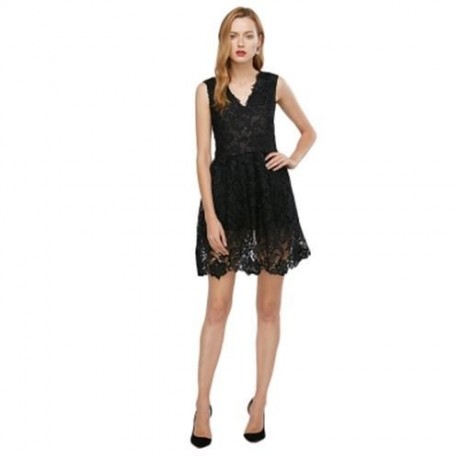 ELEGANT V-NECK SLEEVELESS PURE COLOR FLORAL DECORATION DRESS FOR LADIES (BLACK)