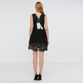ELEGANT V-NECK SLEEVELESS PURE COLOR FLORAL DECORATION DRESS FOR LADIES (BLACK)