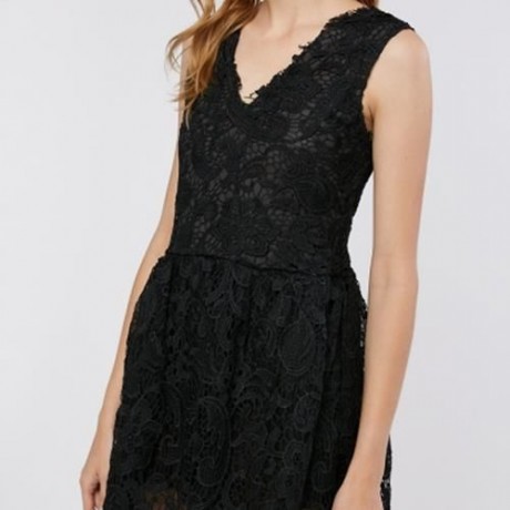 ELEGANT V-NECK SLEEVELESS PURE COLOR FLORAL DECORATION DRESS FOR LADIES (BLACK)