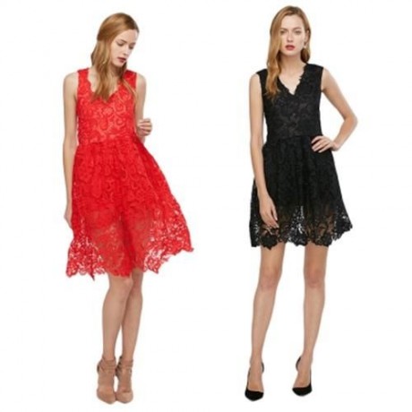 ELEGANT V-NECK SLEEVELESS PURE COLOR FLORAL DECORATION DRESS FOR LADIES (BLACK)