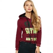 CASUAL HOODED LONG SLEEVE DRAWSTRING LETTER PRINT HOODIE FOR LADIES (CLARET)