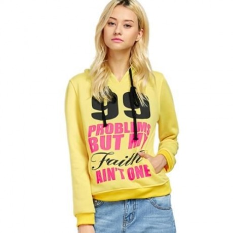 CASUAL HOODED LONG SLEEVE DRAWSTRING LETTER PRINT HOODIE FOR LADIES (YELLOW)
