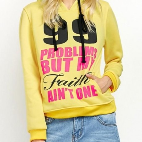 CASUAL HOODED LONG SLEEVE DRAWSTRING LETTER PRINT HOODIE FOR LADIES (YELLOW)