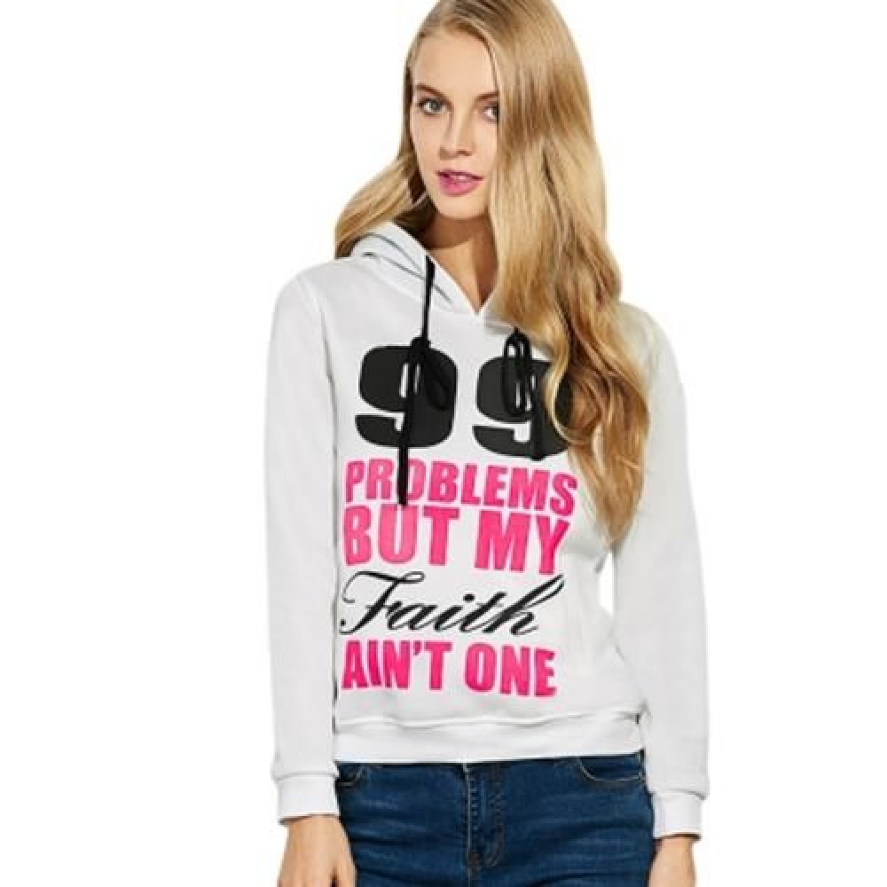 CASUAL HOODED LONG SLEEVE DRAWSTRING LETTER PRINT HOODIE FOR LADIES (WHITE)