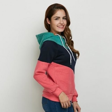 FASHION HOODED LONG SLEEVE DRAWSTRING COLOR BLOCK HOODIE FOR LADIES (BLACK)