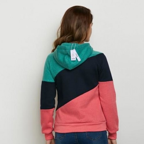 FASHION HOODED LONG SLEEVE DRAWSTRING COLOR BLOCK HOODIE FOR LADIES (BLACK)