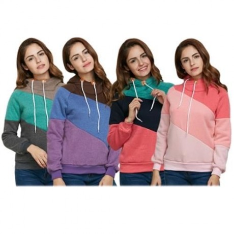 FASHION HOODED LONG SLEEVE DRAWSTRING COLOR BLOCK HOODIE FOR LADIES (BLACK)