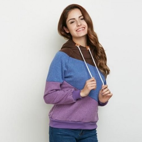 FASHION HOODED LONG SLEEVE DRAWSTRING COLOR BLOCK HOODIE FOR LADIES (PURPLE)
