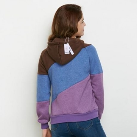 FASHION HOODED LONG SLEEVE DRAWSTRING COLOR BLOCK HOODIE FOR LADIES (PURPLE)