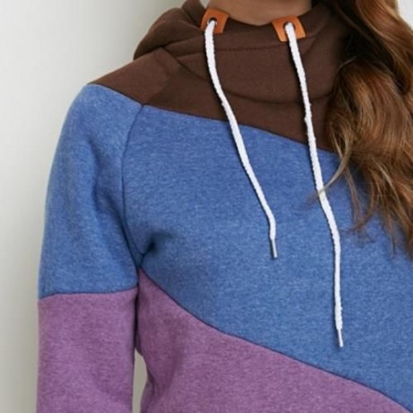 FASHION HOODED LONG SLEEVE DRAWSTRING COLOR BLOCK HOODIE FOR LADIES (PURPLE)