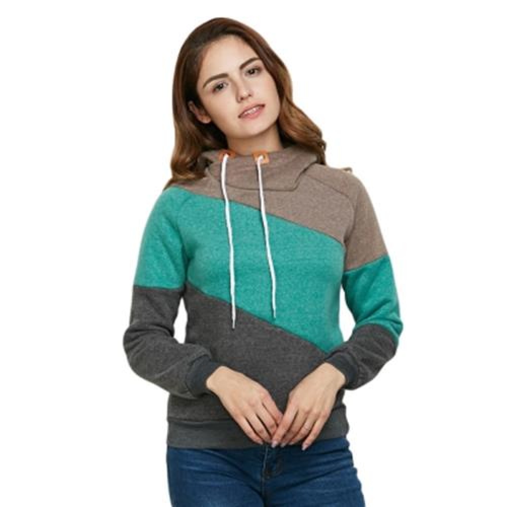 FASHION HOODED LONG SLEEVE DRAWSTRING COLOR BLOCK HOODIE FOR LADIES (DEEP GRAY)