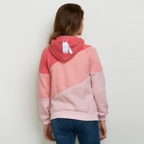 FASHION HOODED LONG SLEEVE DRAWSTRING COLOR BLOCK HOODIE FOR LADIES (PINK)