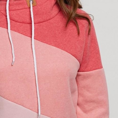 FASHION HOODED LONG SLEEVE DRAWSTRING COLOR BLOCK HOODIE FOR LADIES (PINK)