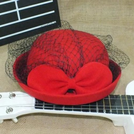 CHIC VOILE AND BOWKNOT DECORATED FELT HAT FOR WOMEN (COLOR ASSORTED)