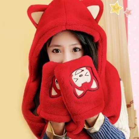 CUTE CARTOON PATTERN HAT GLOVES SCARF SET FOR WOMEN (RED)