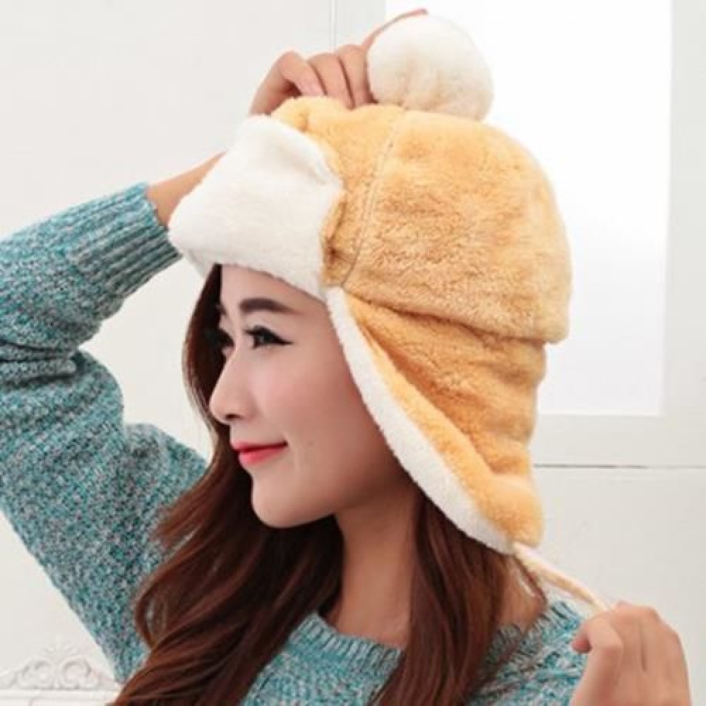 CHIC DOWNY BALL DECORATED PLUSH TEXTURE TRAPPER HAT FOR WOMEN (LIGHT KHAKI)