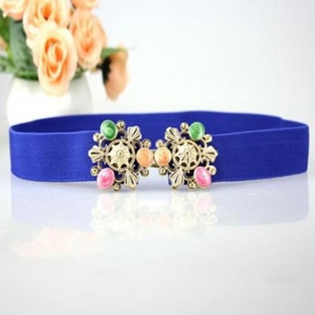 VINTAGE ARTIFICIAL GEM DECORATED METAL BUCKLE FLUORESCENCE COLOR ELASTIC BELT FOR WOMEN (C