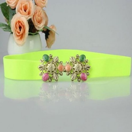 VINTAGE ARTIFICIAL GEM DECORATED METAL BUCKLE FLUORESCENCE COLOR ELASTIC BELT FOR WOMEN (C