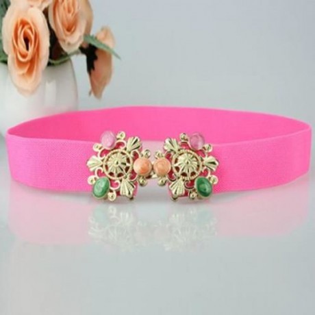 VINTAGE ARTIFICIAL GEM DECORATED METAL BUCKLE FLUORESCENCE COLOR ELASTIC BELT FOR WOMEN (C