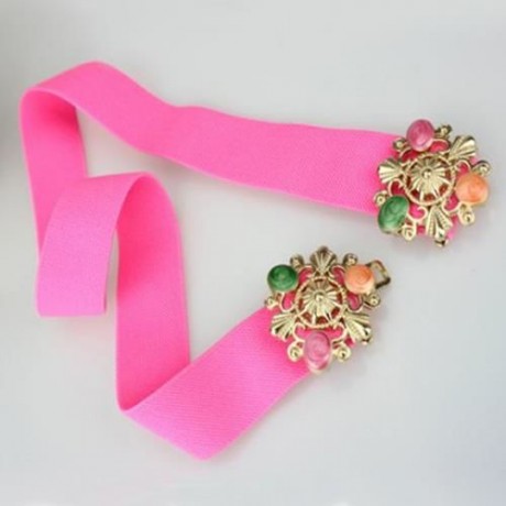 VINTAGE ARTIFICIAL GEM DECORATED METAL BUCKLE FLUORESCENCE COLOR ELASTIC BELT FOR WOMEN (C