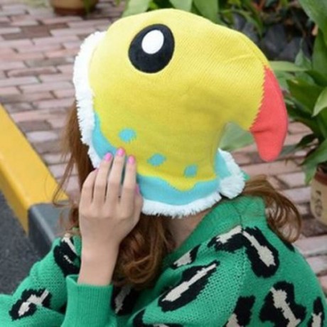 CUTE PARROT SHAPE DESIGN FUZZY KNITTED HAT FOR WOMEN (COLOR ASSORTED)