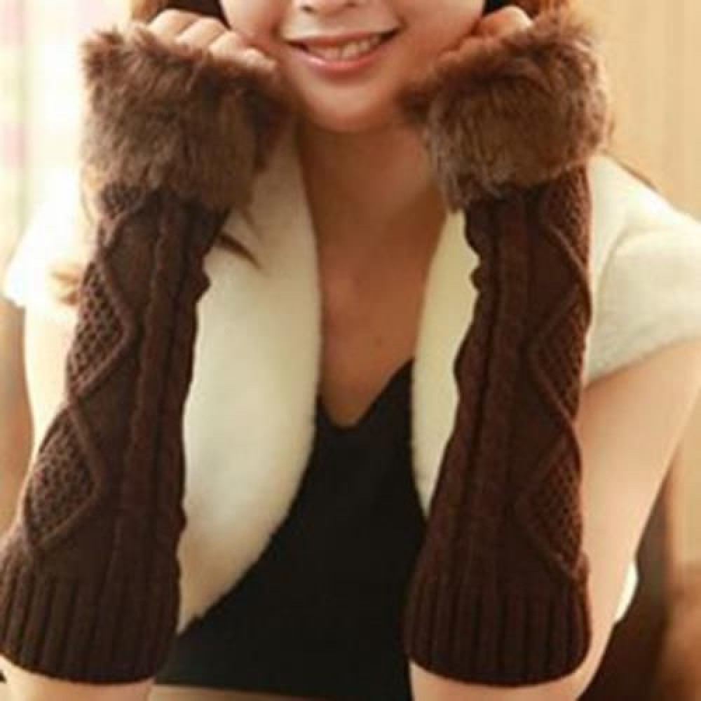 PAIR OF WARM FAUX FUR DESIGN RHOMBUS HEMP FLOWERS KNITTED FINGERLESS GLOVES FOR WOMEN (COF PAIR OF WARM FAUX FUR DESIGN RHOMBUS HEMP FLOWERS KNITTED FINGERLESS GLOVES FOR WOMEN (COF