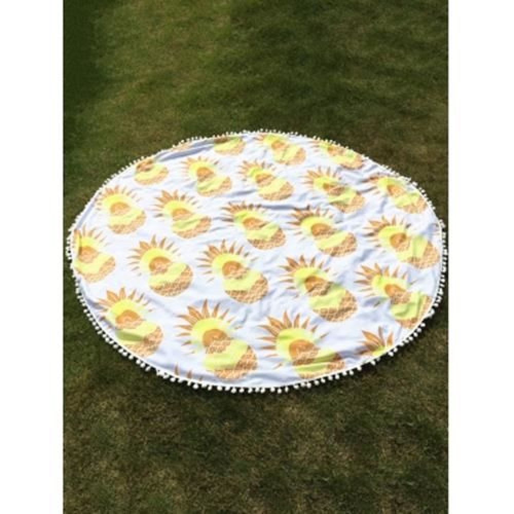 SUMMER PINEAPPLE PRINT TASSEL ROUND BEACH THROW (WHITE)