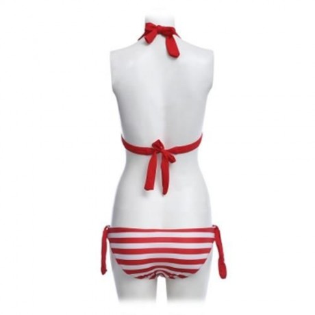WOMEN BEACH SWIMMING SEXY STRIPED BIKINI SEPARATED SWIMSUIT (RED)