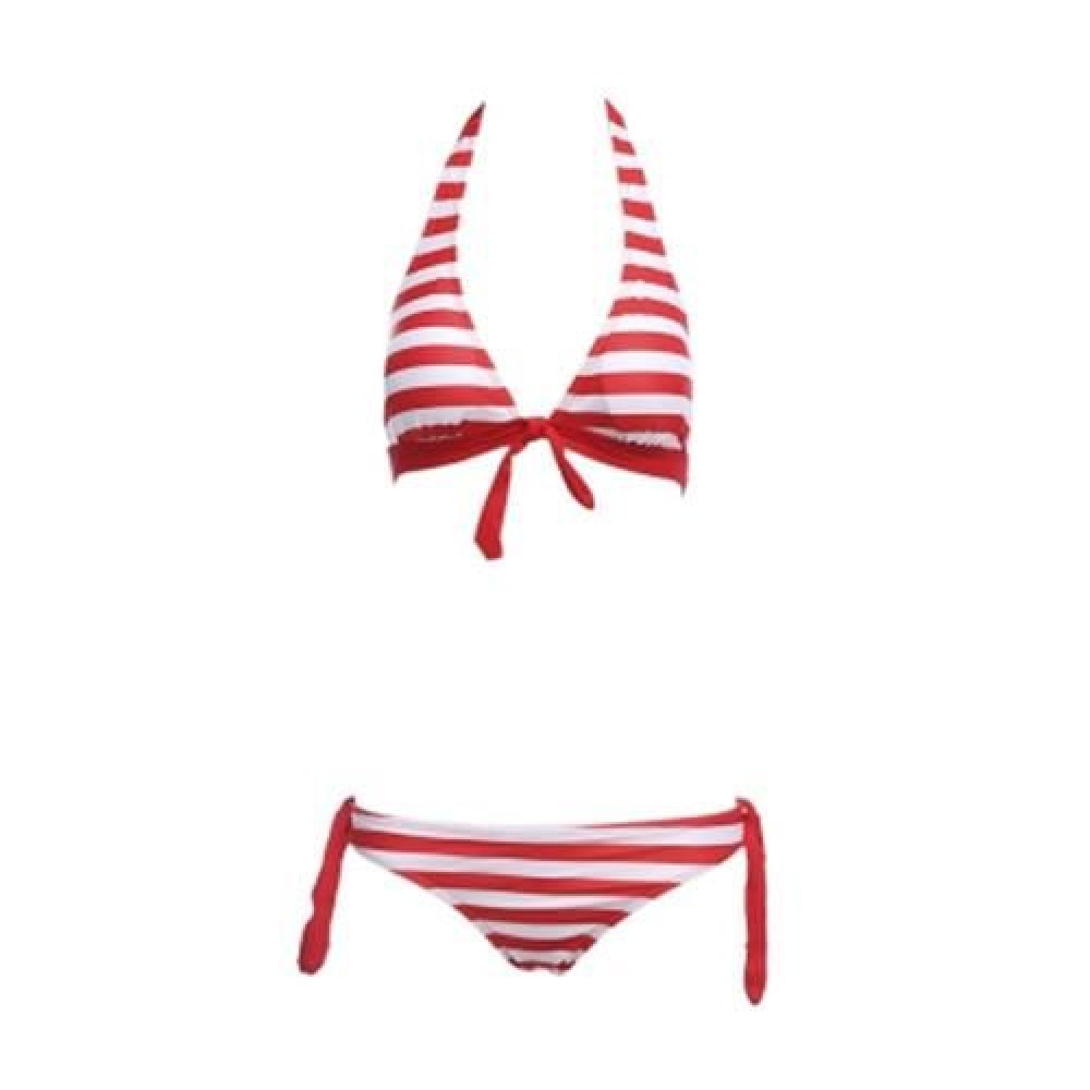 WOMEN BEACH SWIMMING SEXY STRIPED BIKINI SEPARATED SWIMSUIT (RED)