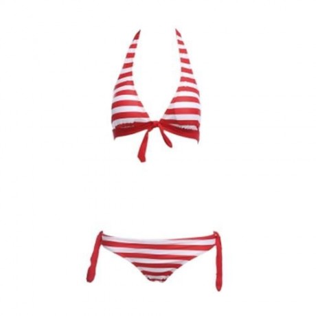 WOMEN BEACH SWIMMING SEXY STRIPED BIKINI SEPARATED SWIMSUIT (RED)