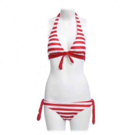 WOMEN BEACH SWIMMING SEXY STRIPED BIKINI SEPARATED SWIMSUIT (RED)