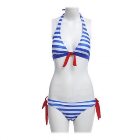 WOMEN BEACH SWIMMING SEXY STRIPED BIKINI SEPARATED SWIMSUIT (BLUE)