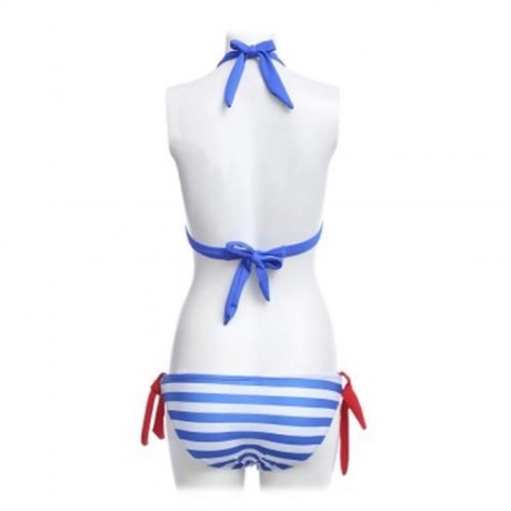 WOMEN BEACH SWIMMING SEXY STRIPED BIKINI SEPARATED SWIMSUIT (BLUE)