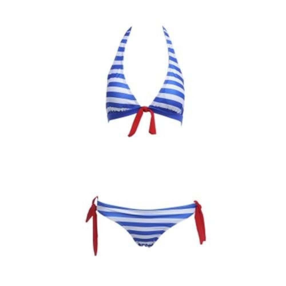 WOMEN BEACH SWIMMING SEXY STRIPED BIKINI SEPARATED SWIMSUIT (BLUE)