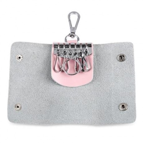 UNISEX CANDY COLORS SOFT LEATHER KEY CASE WITH SNAP HOOK (PINK)