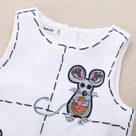 KIMOCAT BRIEF ROUND COLLAR MOUSE PRINT BEADED DRESS FOR GIRLS (WHITE)